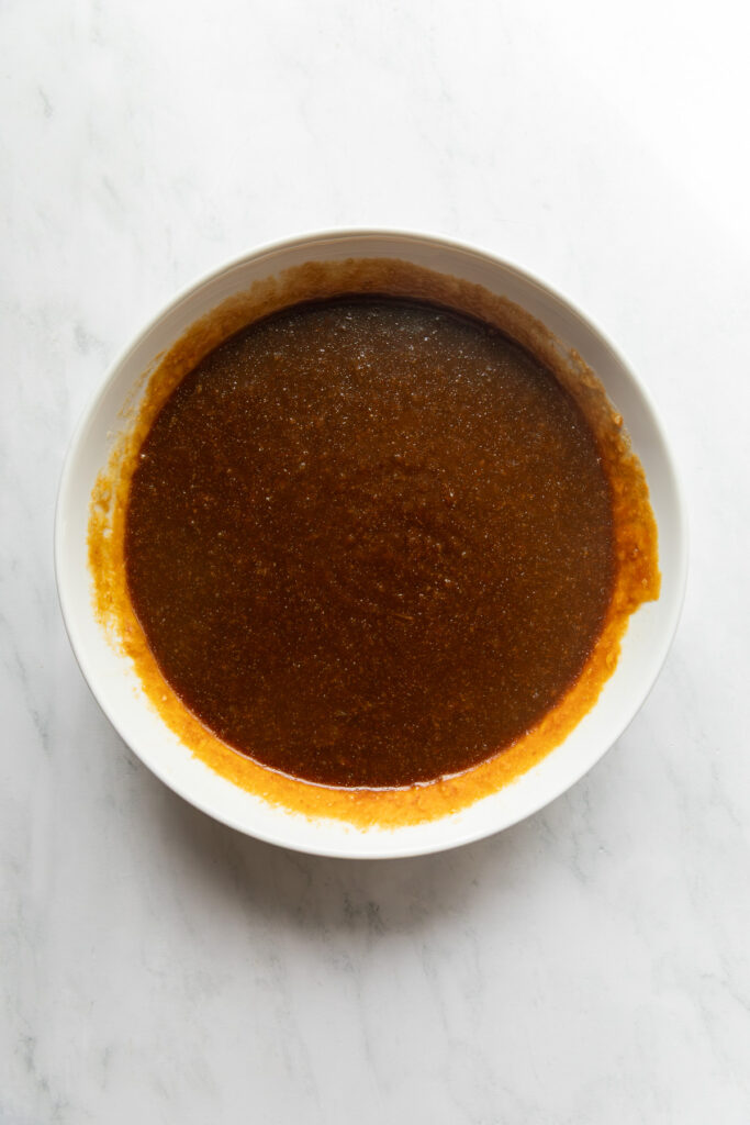Wet ingredients in a mixing bowl.