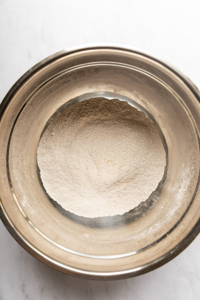 Dry ingredients in a mixing bowl.