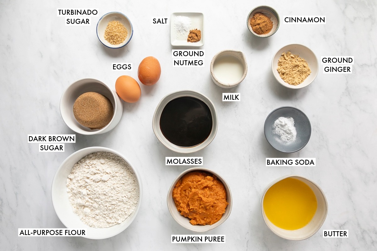 Ingredients used to make pumpkin gingerbread loaf.