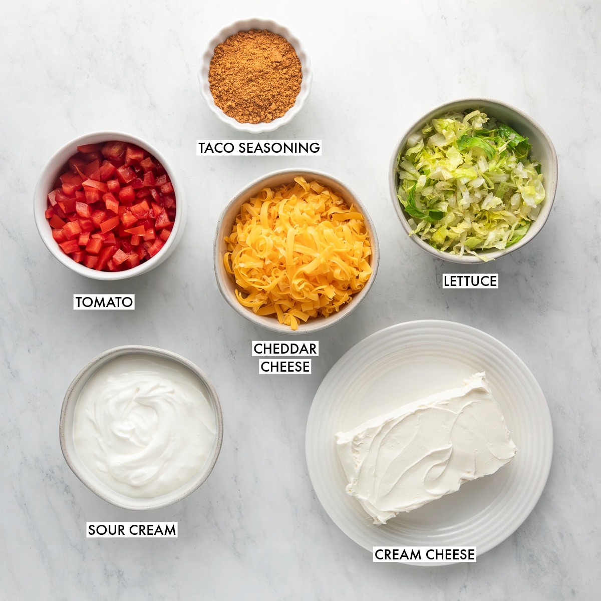 Ingredients used to make taco dip.