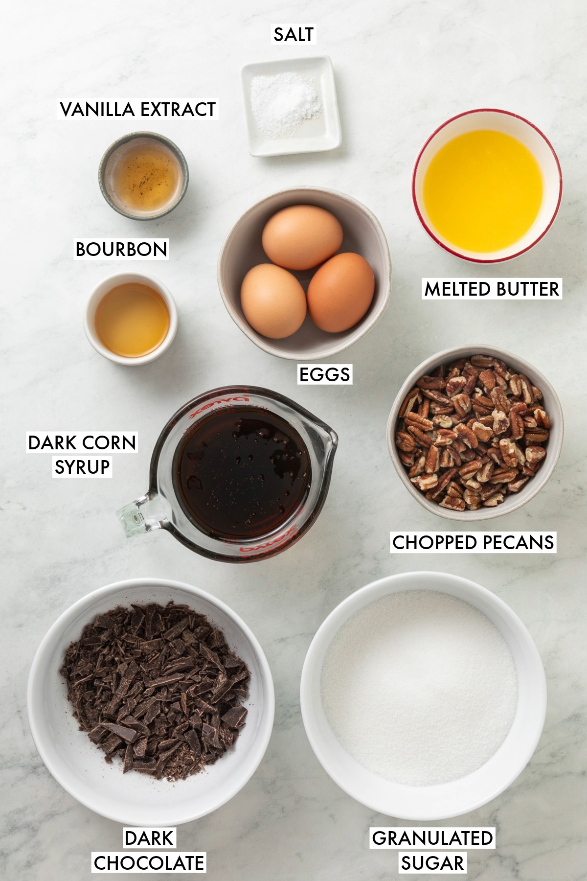 Ingredients used to make chocolate bourbon pie filling.