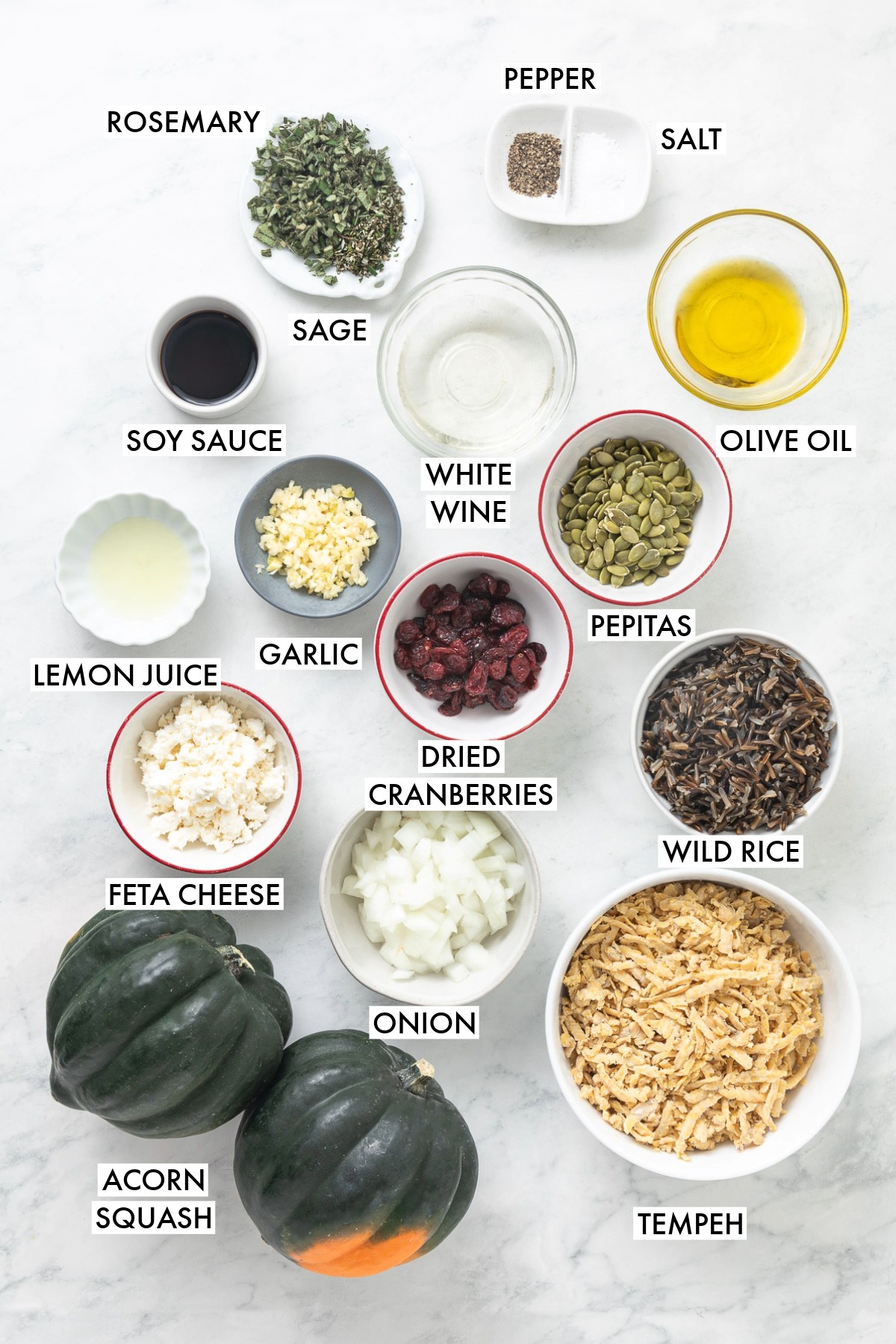Ingredients used to make stuffed acorn squash.