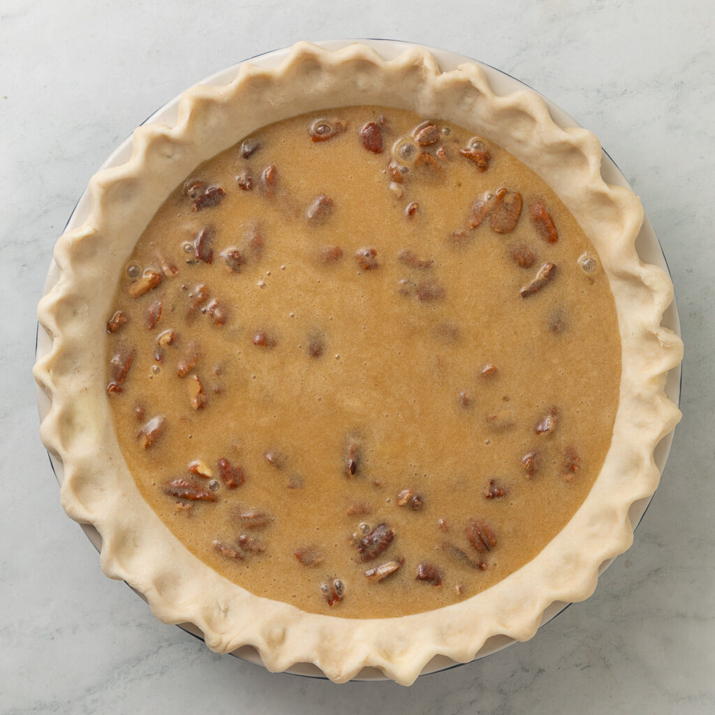 chocolate bourbon pecan pie before baking.