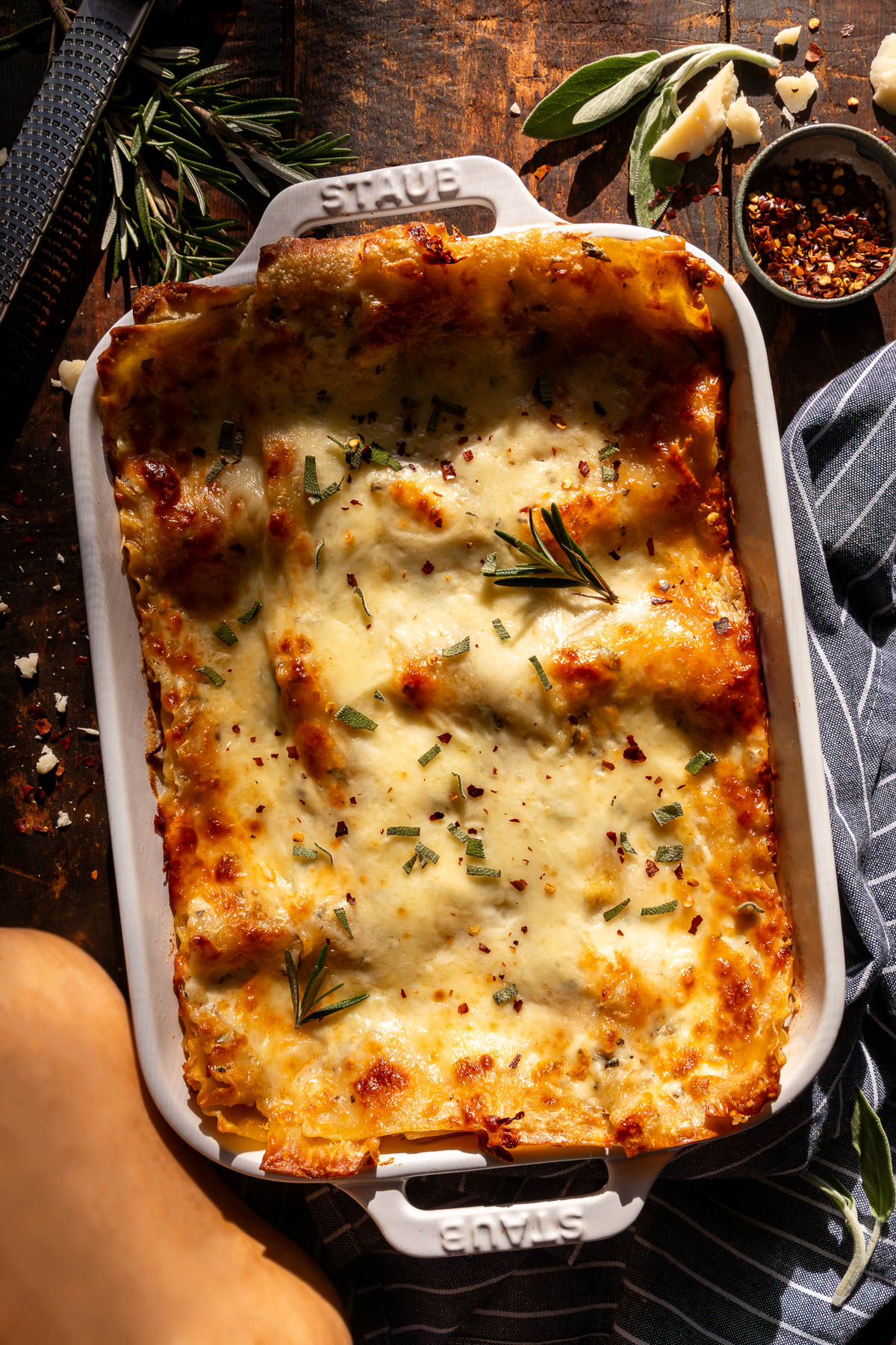 A casserole dish full of butternut squash lasagna. 