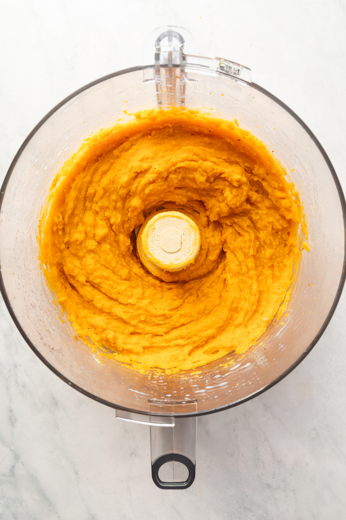 Butternut squash puree in a food processor.