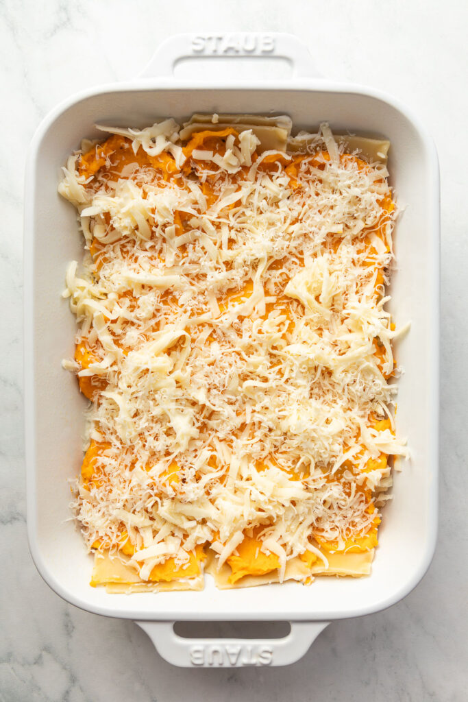 In progress shot of layers of a butternut squash lasagna.