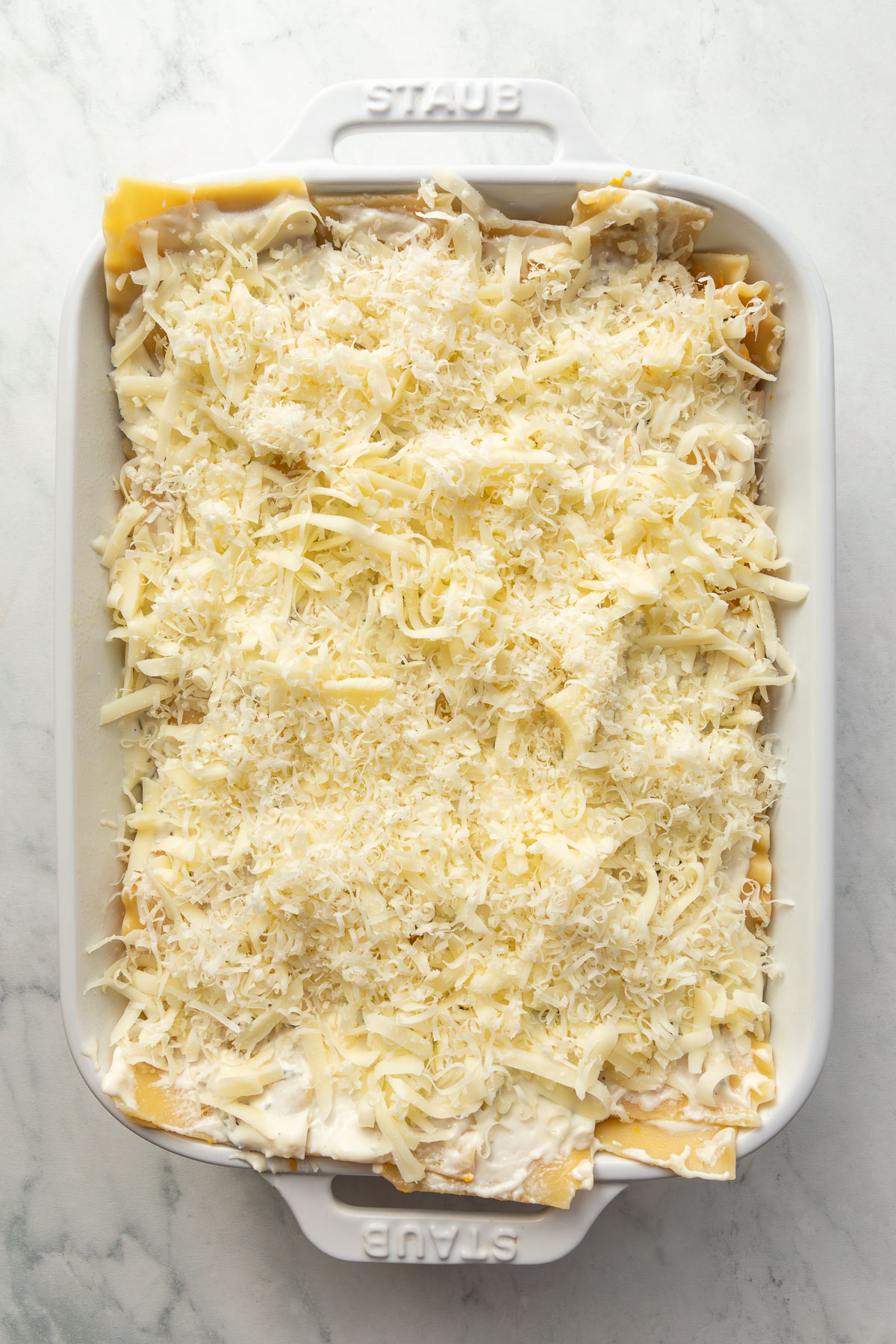 Unbaked butternut squash lasagna.