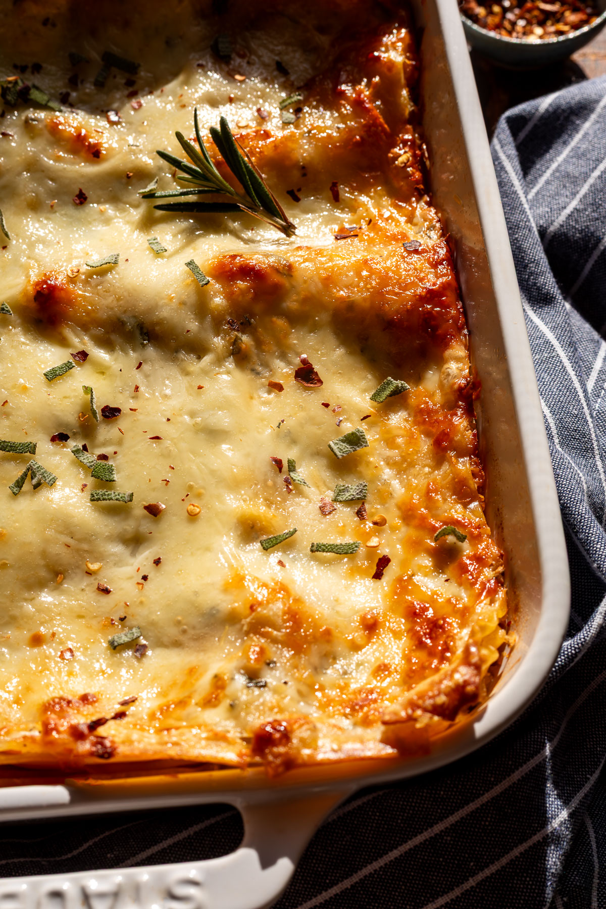A casserole dish full of butternut squash lasagna.