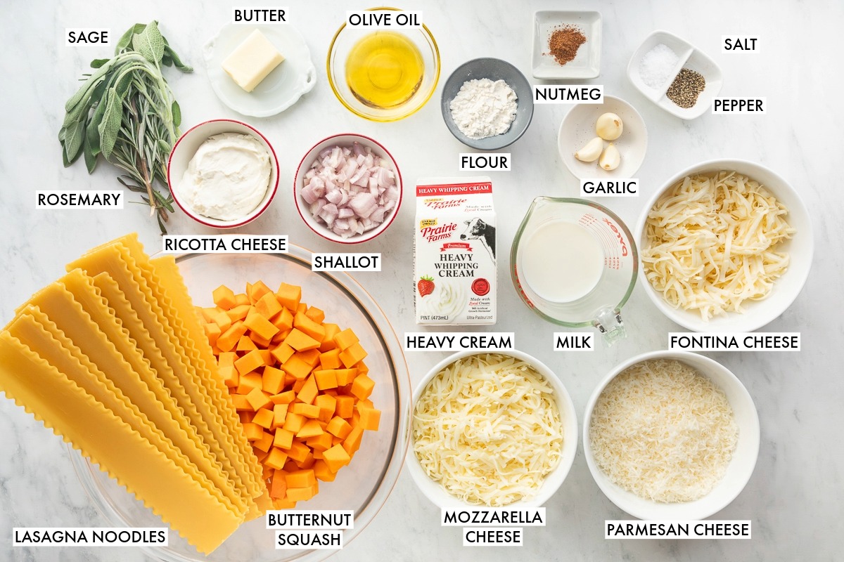 Ingredients used to make butternut squash lasagna.