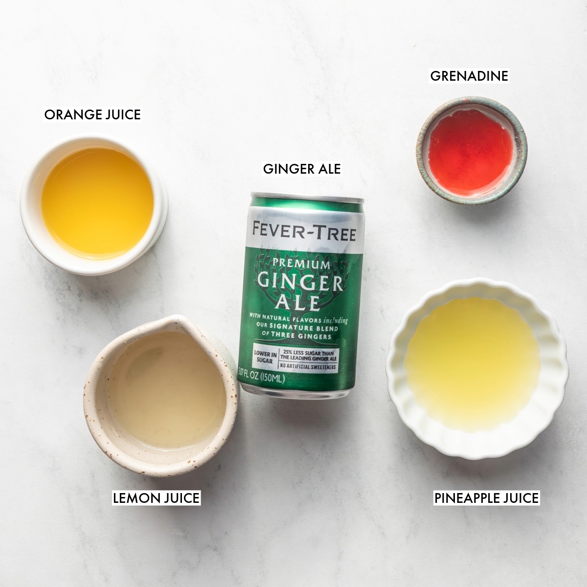 Ingredients used to make a cinderella mocktail.