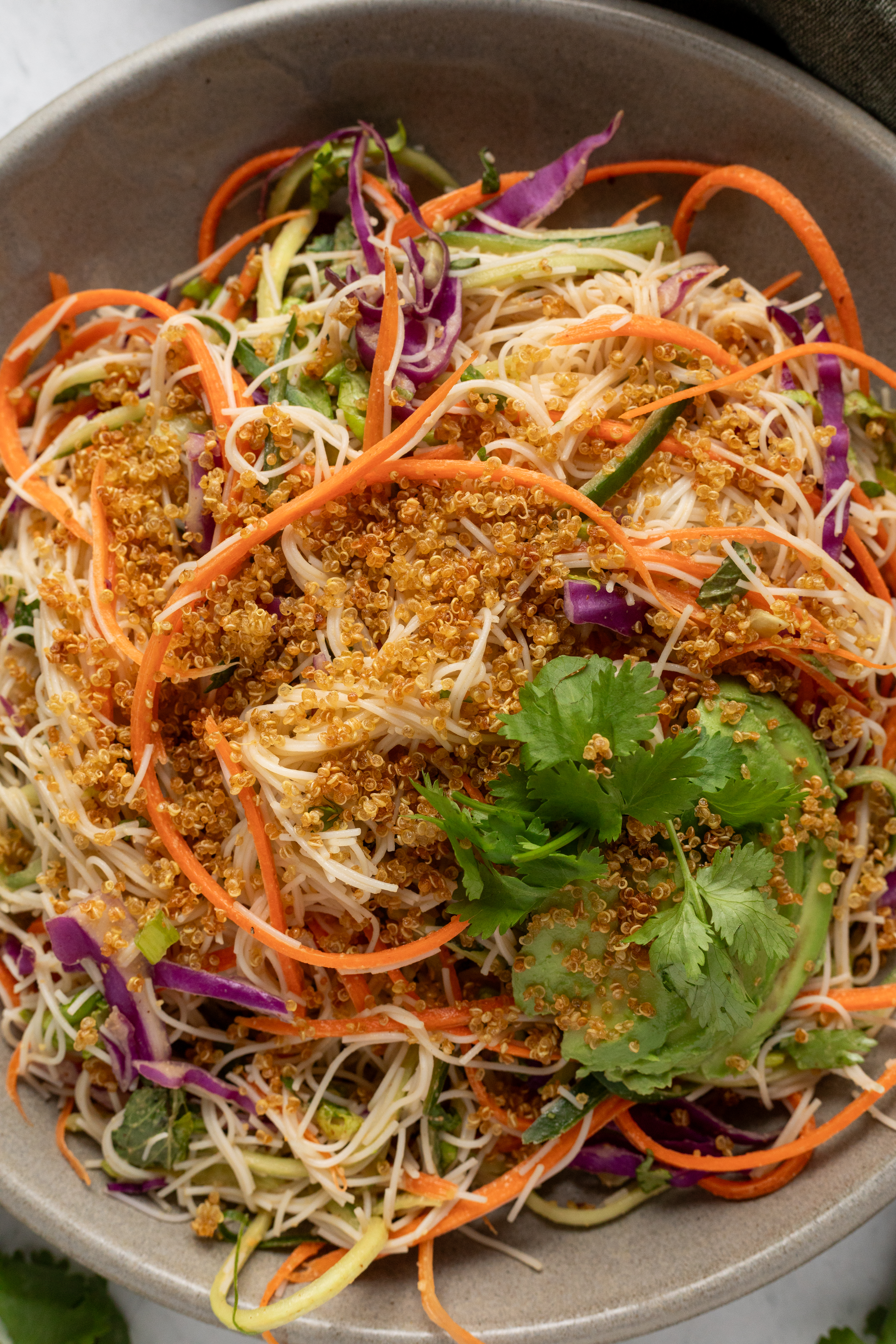 Spring roll salad topped with crispy quinoa.