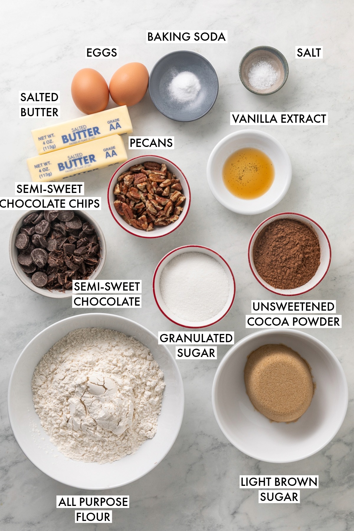 Ingredients used to make double chocolate chip cookies.