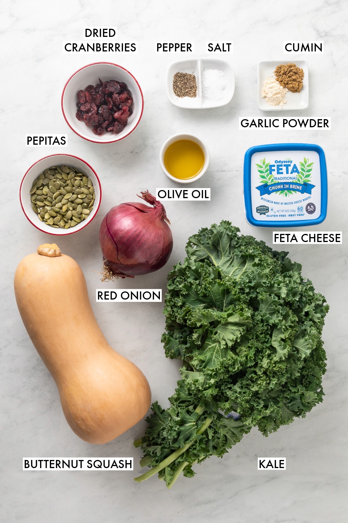 Ingredients used to make butternut squash and kale salad.