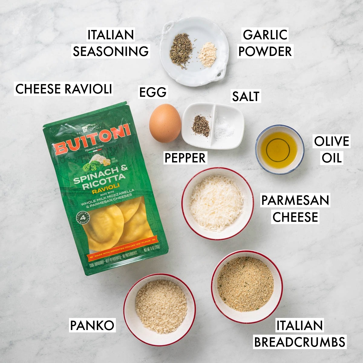 Ingredients used to make air fryer fried ravioli.
