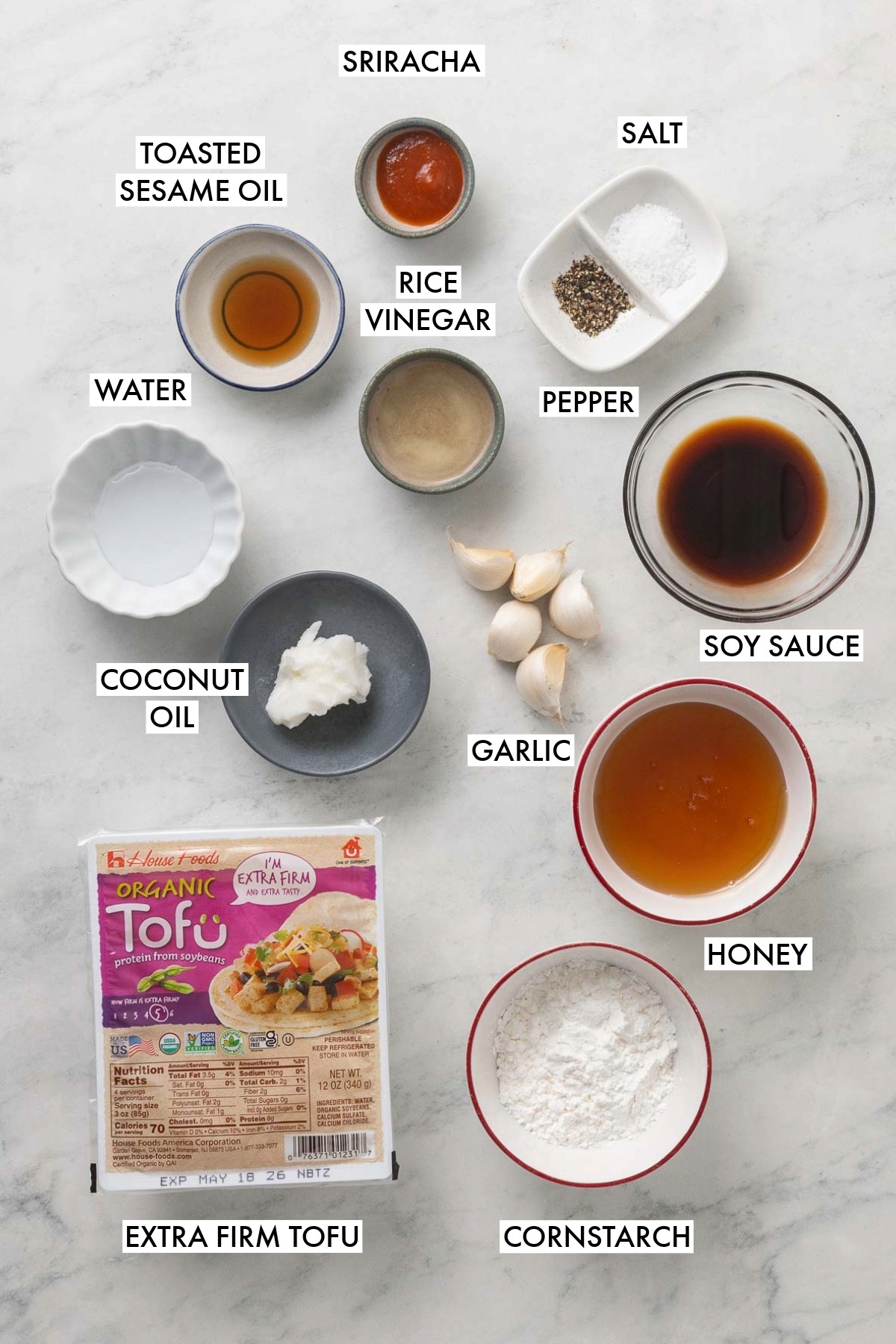 Ingredients used to make sticky honey garlic tofu.