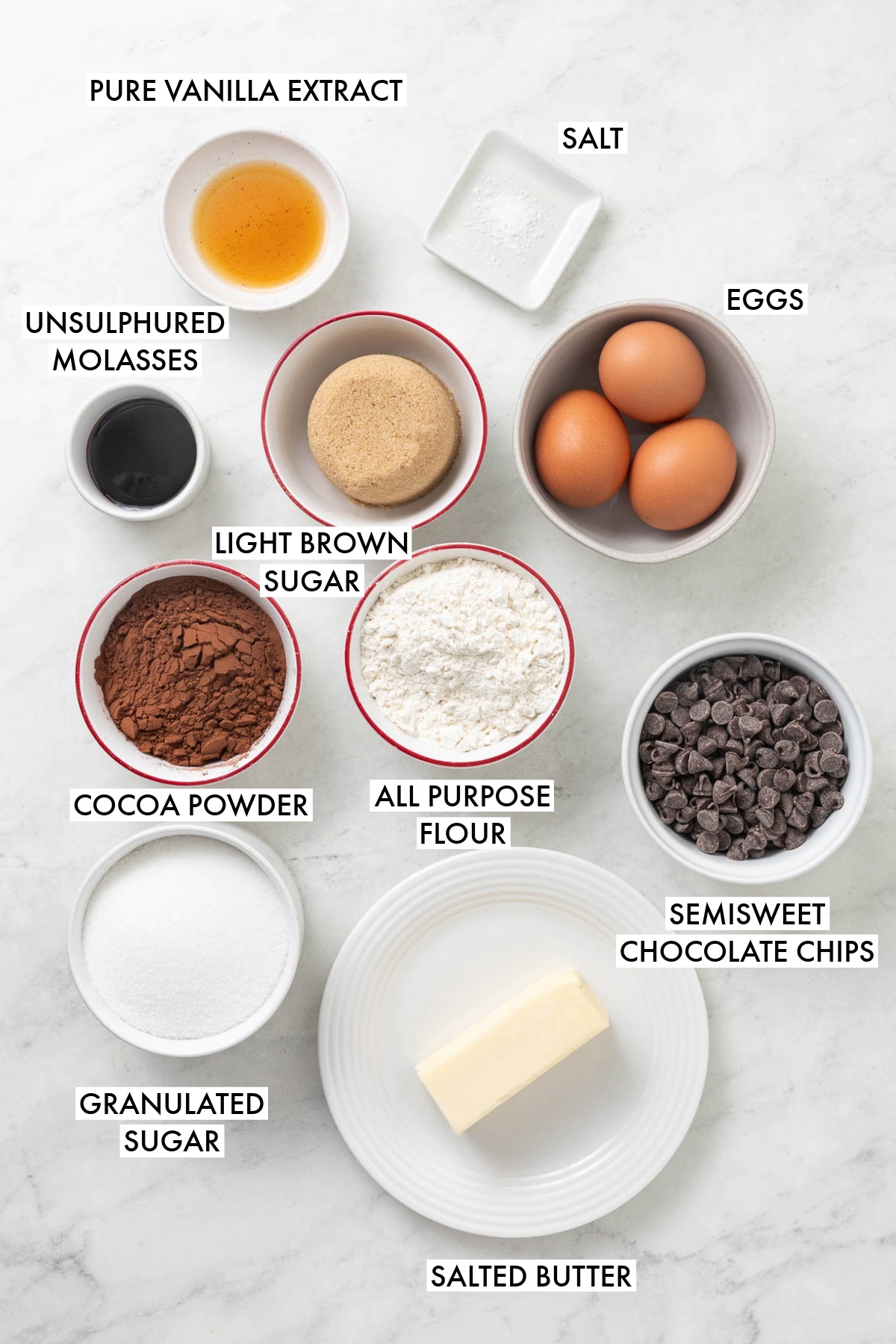 Ingredients used to make chewy molasses brownies.