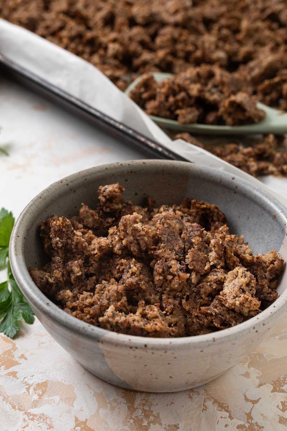Vegetarian ground beef in a small bowl.