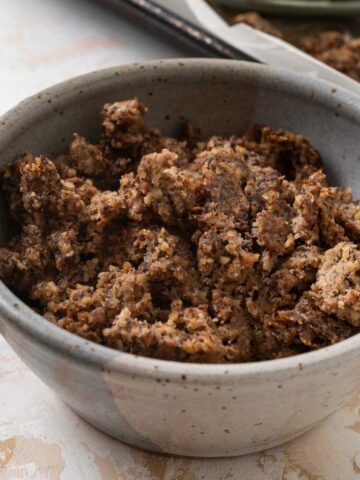 Vegetarian ground beef in a small bowl.