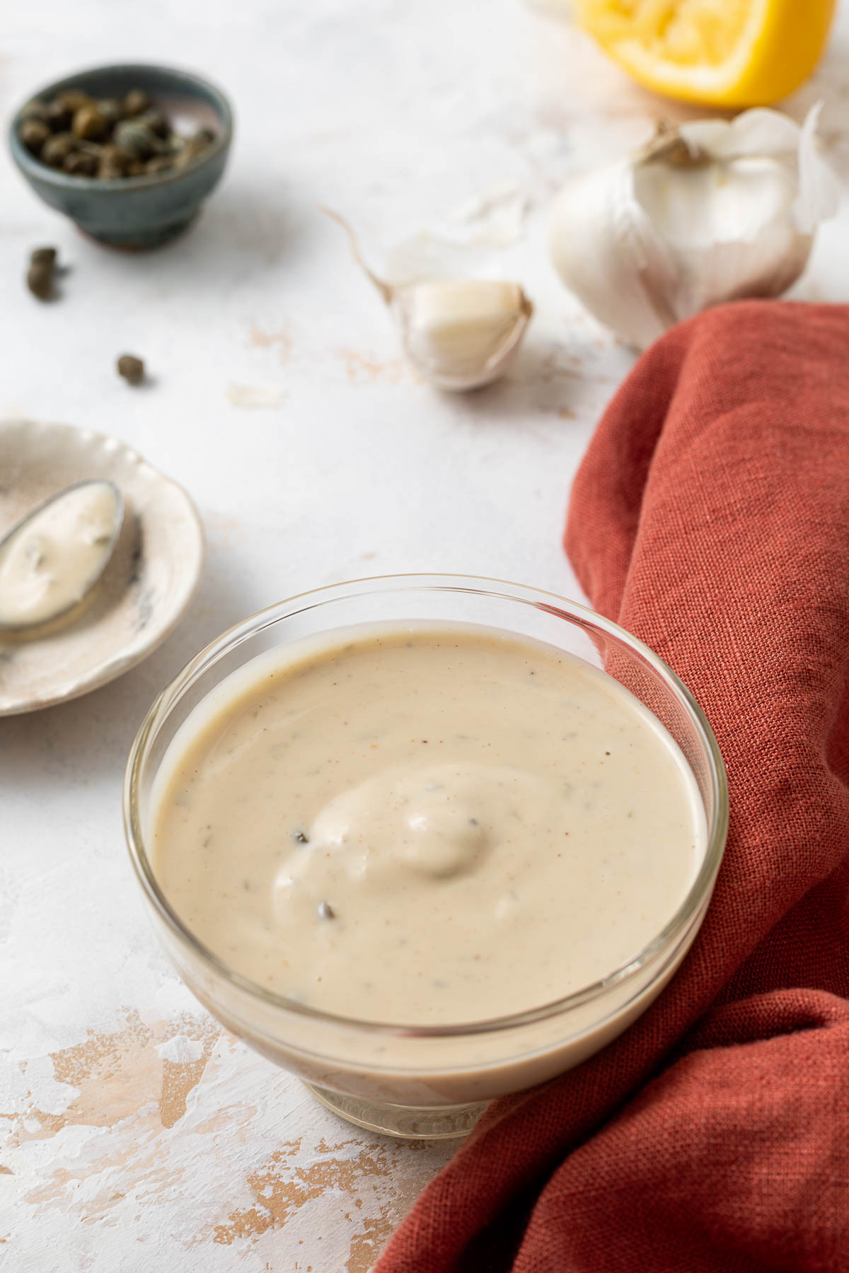Vegan caesar dressing in a glass bowl.