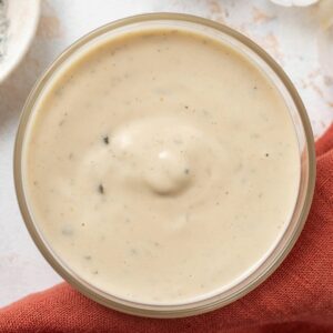 Vegan caesar dressing in a glass bowl.