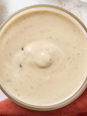 Vegan caesar dressing in a glass bowl.