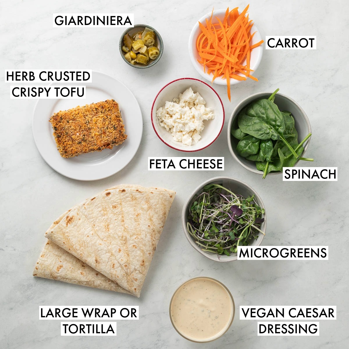 Ingredients used to make crispy tofu wraps.