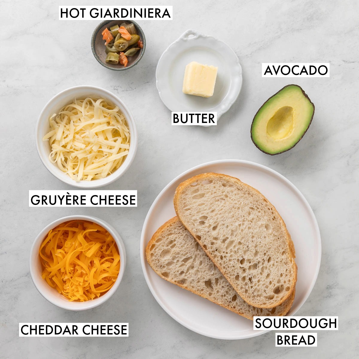 Ingredients used to make an avocado grilled cheese sandwich.