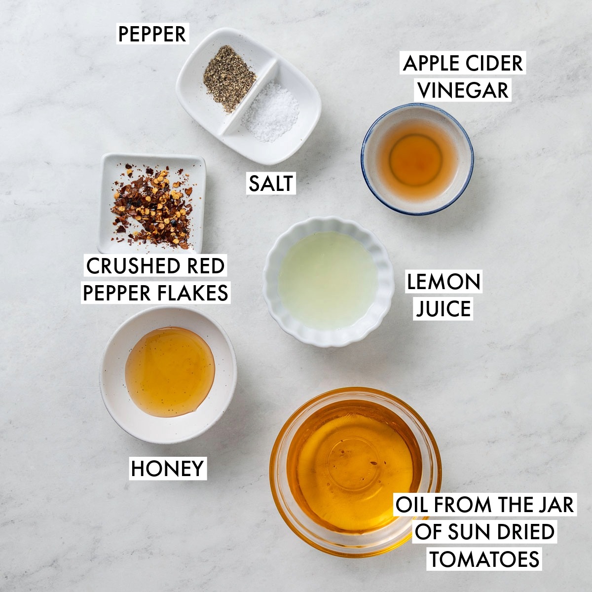 Ingredients used to make sun dried tomato dressing.