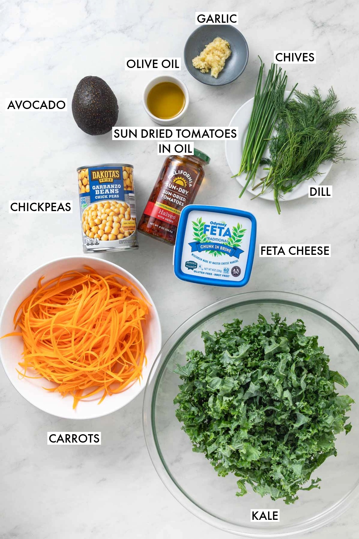 Ingredients used to make chickpea and kale salad.