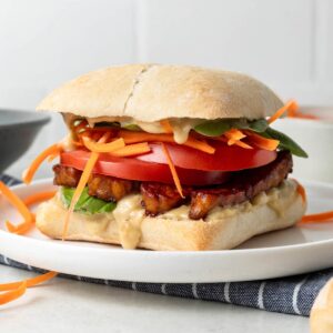 Side view of a tempeh sandwich on a white plate.