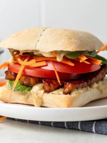 Side view of a tempeh sandwich on a white plate.