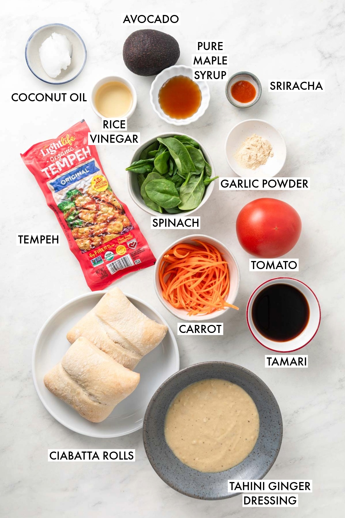 Ingredients used to make a tempeh sandwich.